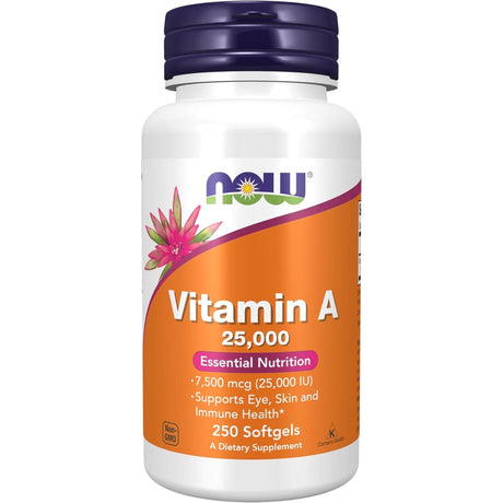 Frasco de suplemento NOW Foods Vitamina A 7500 mcg 250 cápsulas blandas