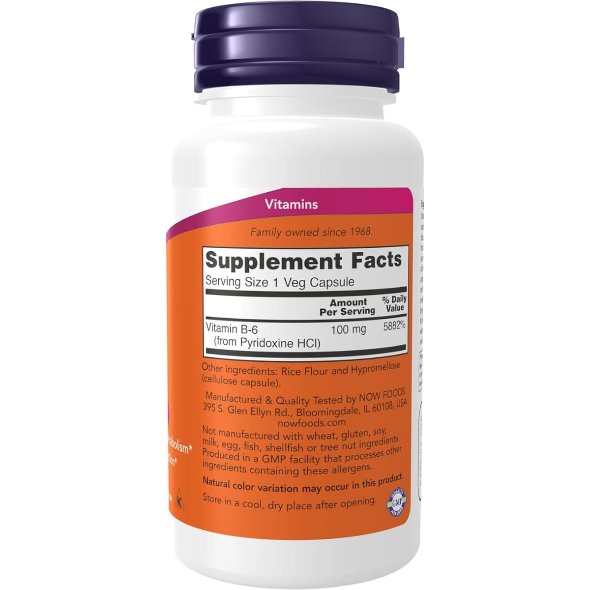 abla nutricional del suplemento NOW Foods Vitamina B-6 100 mg 100 cápsulas