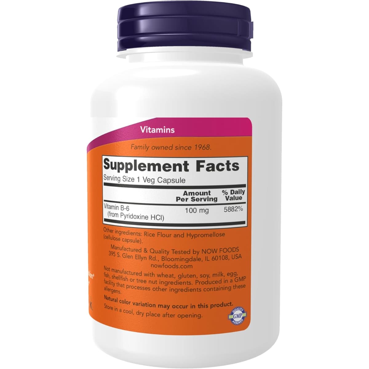 Tabla nutricional del suplemento NOW Foods Vitamina B-6 100 mg 250 cápsulas