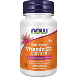 Frasco de suplemento NOW Foods Vitamina D3 240 cápsulas blandas
