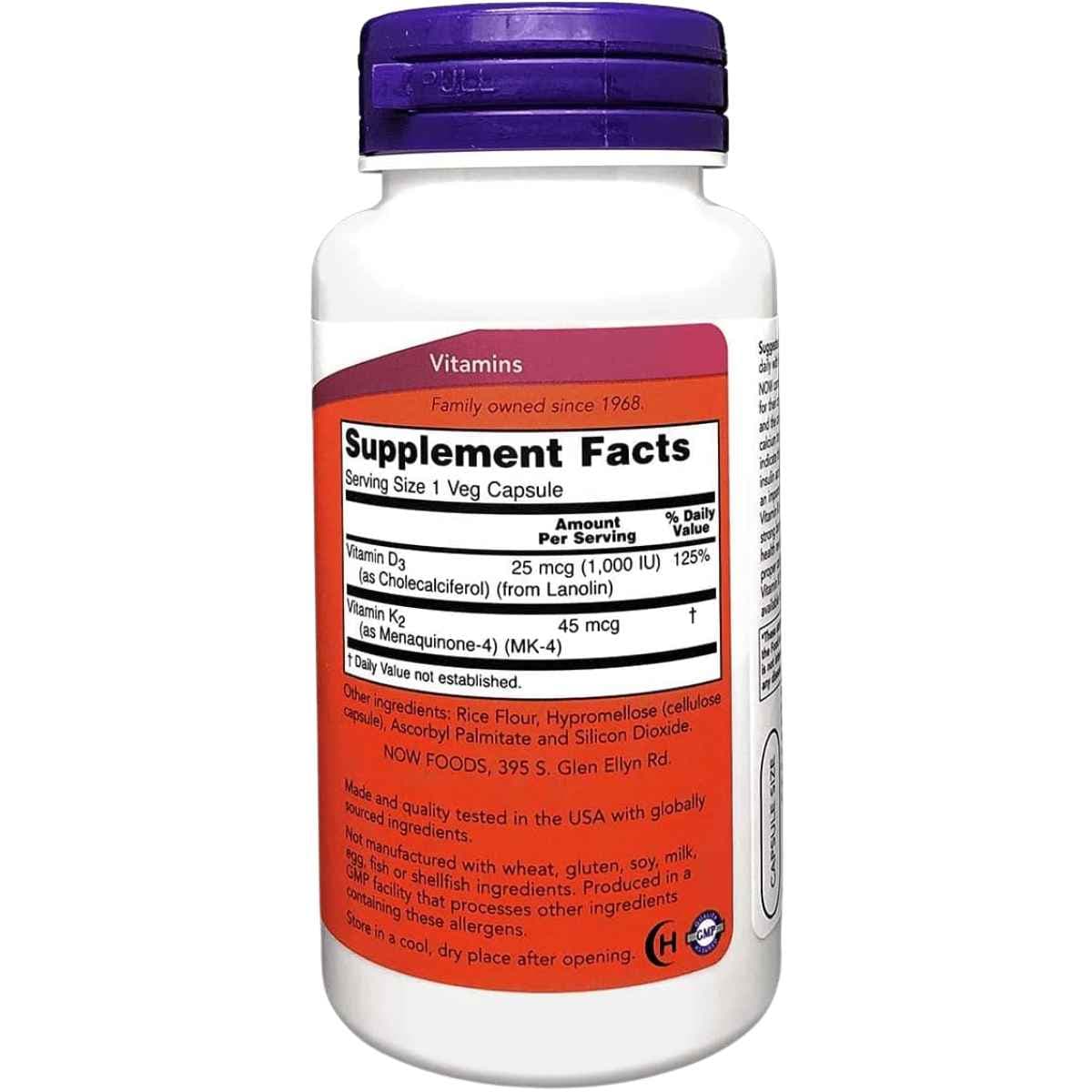 Tabla nutricional del suplemento NOW Foods Vitamina D-3 & K-2 120 cápsulas veganas