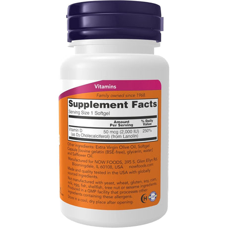 Tabla nutricional del suplemento Now Foods Vitamina D3 2000 UI 120 cápsulas blandas
