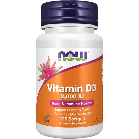 Frasco de suplemento Now Foods Vitamina D3 2000 UI 120 cápsulas blandas