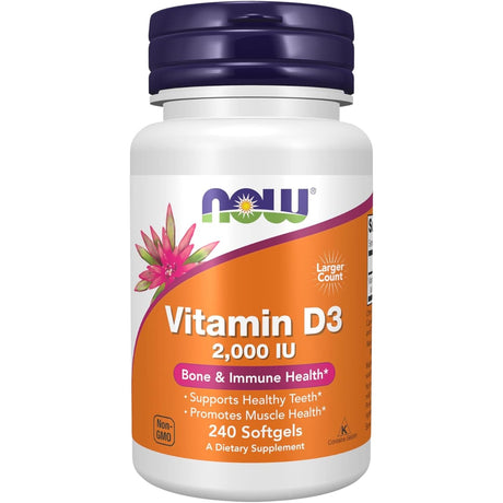 Frasco de suplemento Now Foods Vitamina D3 2000 UI 240 cápsulas blandas