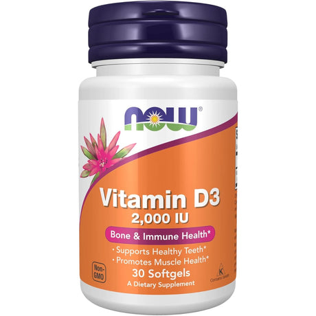 Frasco de suplemento Now Foods Vitamina D3 2000 UI 30 cápsulas blandas