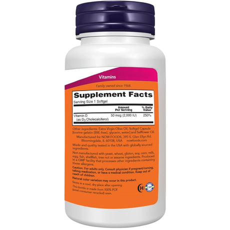Tabla nutricional del suplemento Now Foods Vitamina D3 2000 UI 360 cápsulas blandas