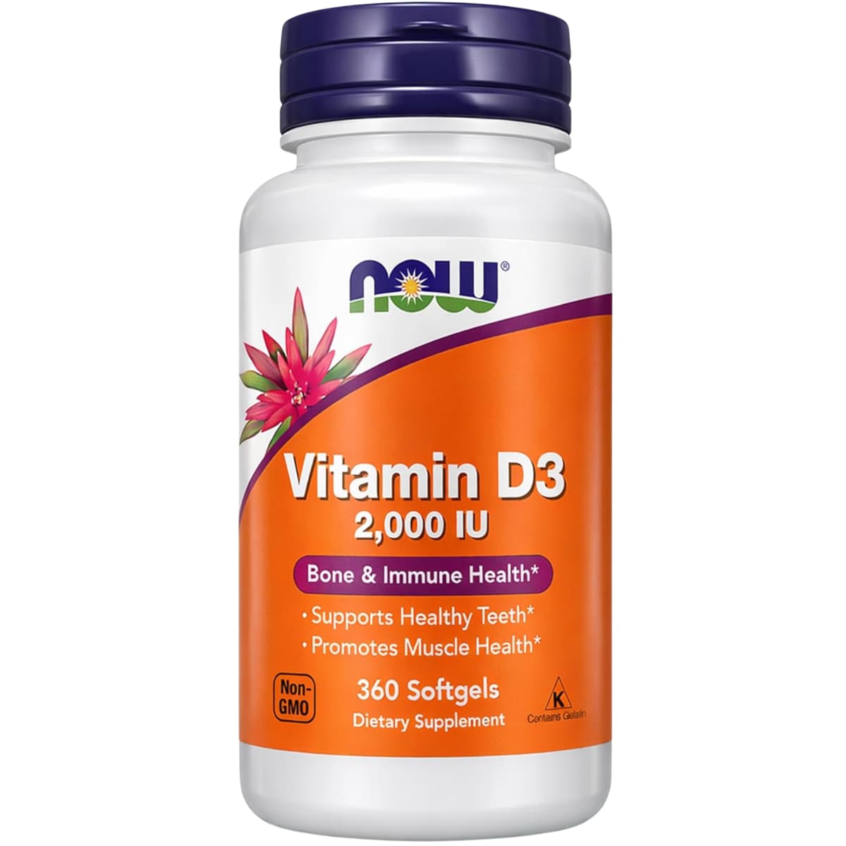 Frasco de suplemento Now Foods Vitamina D3 2000 UI 360 cápsulas blandas