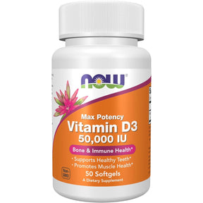 Frasco de suplemento NOW FOODS Vitamina D3 50000 UI 50 cápsulas blandas