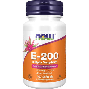 Frasco de suplemento NOW Foods Vitamina E-200 100 cápsulas blandas