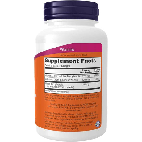 Tabla nutricional del suplemento NOW Foods Vitamina E-400 100 cápsulas blandas