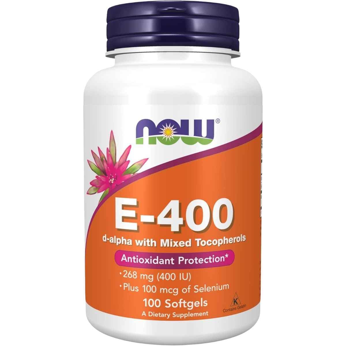 Frasco de suplemento NOW Foods Vitamina E-400 100 cápsulas blandas