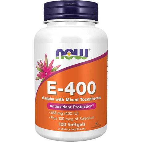 Frasco de suplemento NOW Foods Vitamina E-400 100 cápsulas blandas
