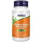 Frasco del suplemento Now Foods Chaste Berry Vitex Extract 300 mg en cápsulas vegetales, presentación de 90 unidades.