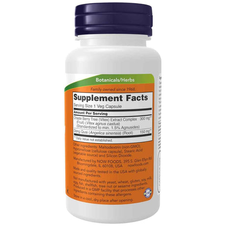 Etiqueta del suplemento Now Foods Chaste Berry Vitex Extract con información de Vitex 300 mg, Dong Quai y datos por porción.