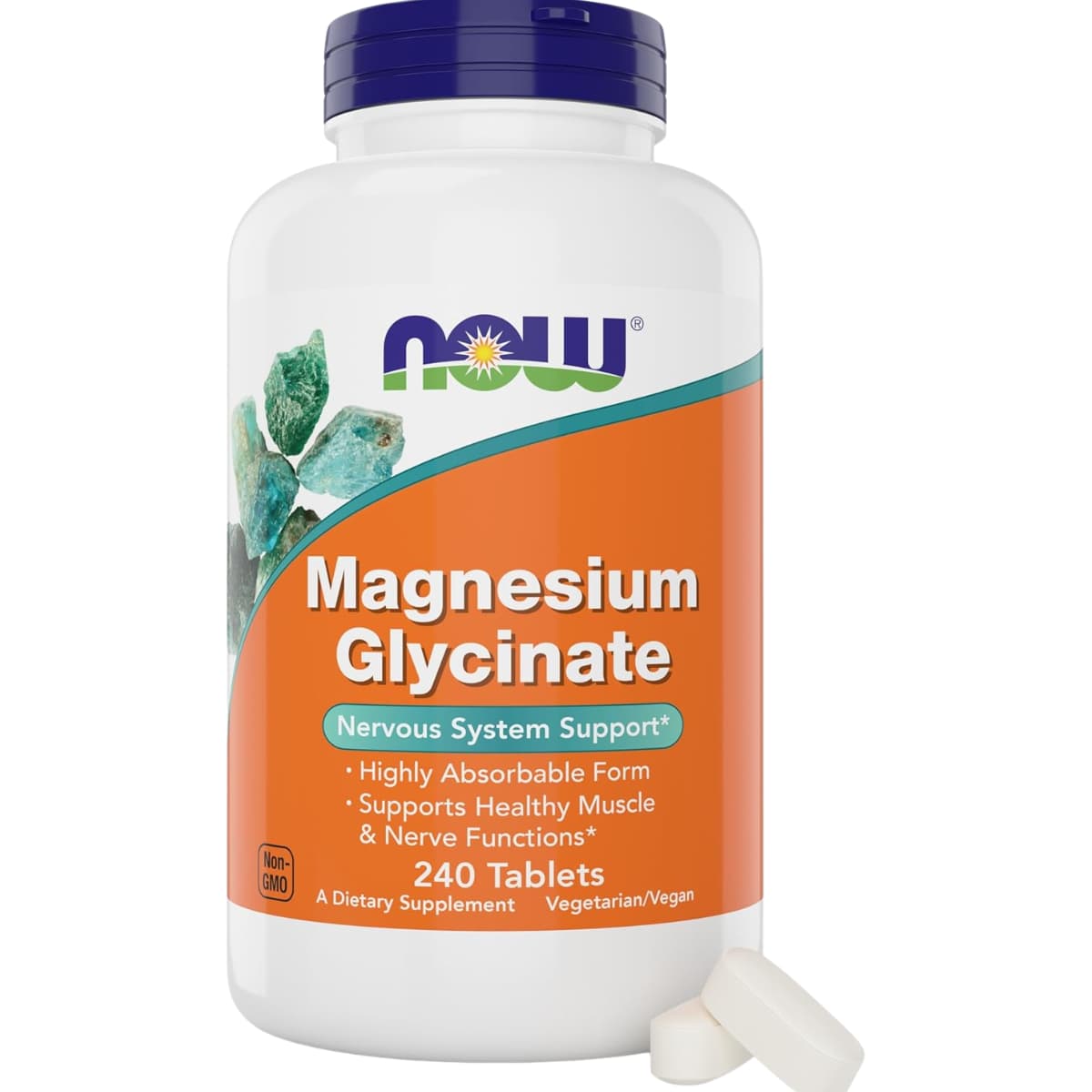 Frasco frontal de NOW glicinato de magnesio Albion, 200 mg por porción, 240 tabletas.