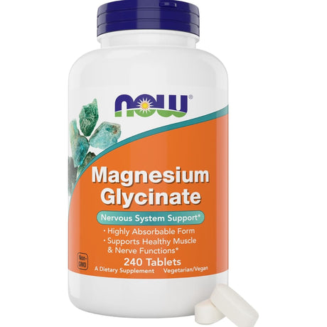 Frasco frontal de NOW glicinato de magnesio Albion, 200 mg por porción, 240 tabletas.