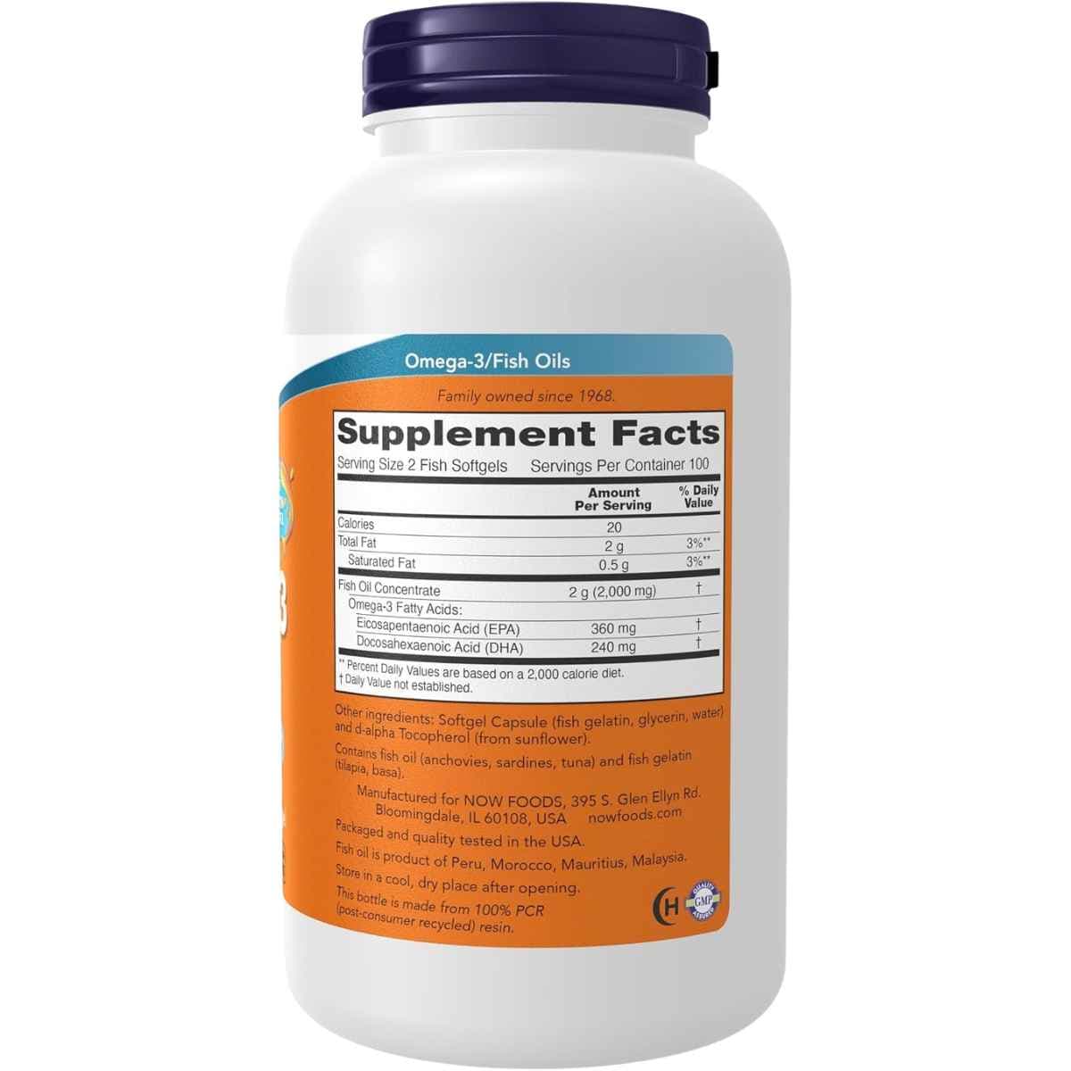 NOW Foods Omega-3 200 cápsulas de gelatina de pescado, tabla nutricional e ingredientes