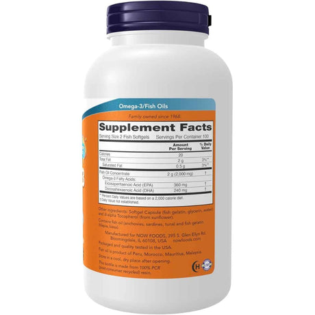 NOW Foods Omega-3 200 cápsulas de gelatina de pescado, tabla nutricional e ingredientes
