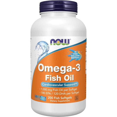 NOW Foods Omega-3 Fish Oil 1000 mg, 200 cápsulas de gelatina de pescado, vista frontal