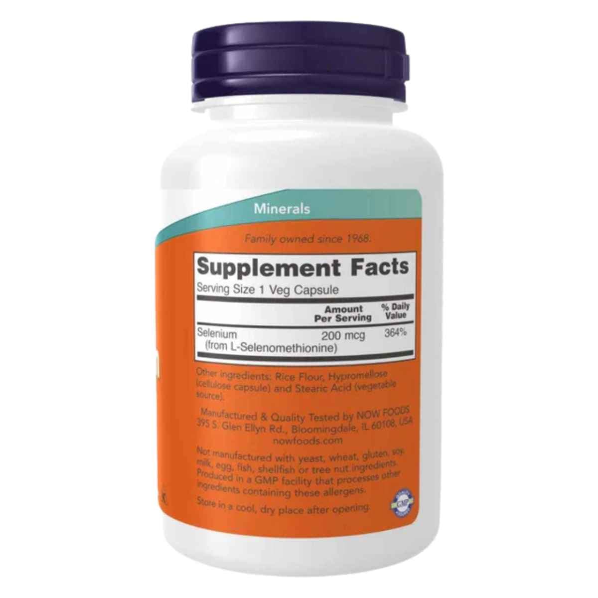 Tabla nutricional del suplemento NOW® Selenium 200 mcg 180 cápsulas vegetarianas