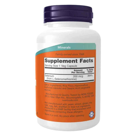 Tabla nutricional del suplemento NOW® Selenium 200 mcg 180 cápsulas vegetarianas