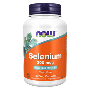 Frasco de suplemento NOW® Selenium 200 mcg 180 cápsulas vegetarianas