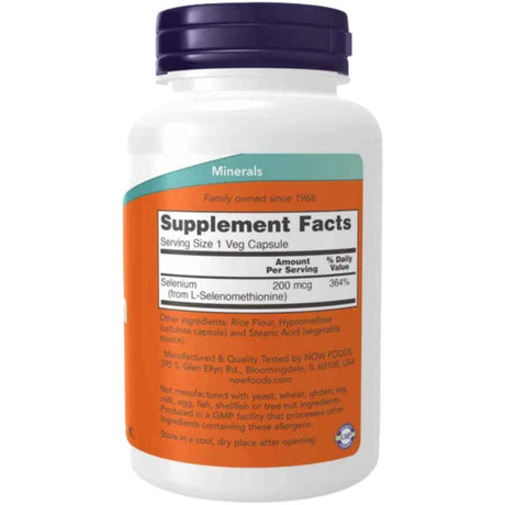 Tabla nutricional del suplemento NOW® Selenium 200 mcg 300 cápsulas vegetarianas