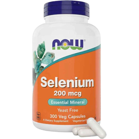 Frasco de suplemento NOW® Selenium 200 mcg 300 cápsulas vegetarianas