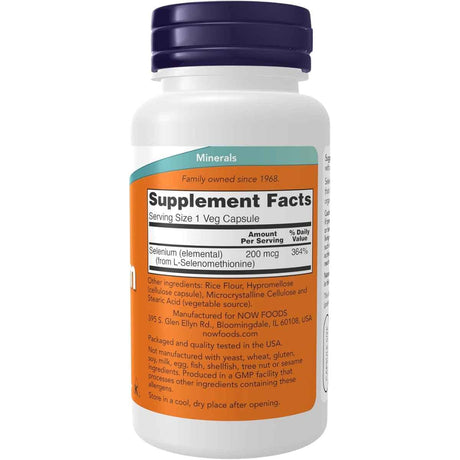 Tabla nutricional NOW Foods Selenio 200 mcg - 90 cápsulas vegetarianas