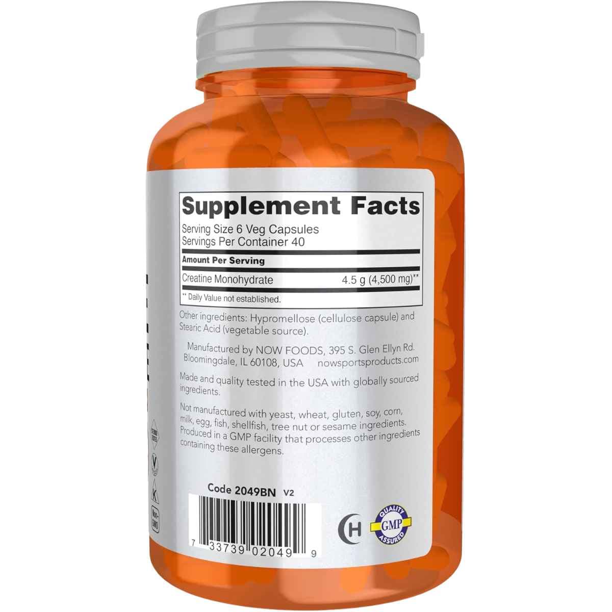 Tabla nutricional del suplemento NOW Sports Creatina Monohidrato 750 mg 120 cápsulas