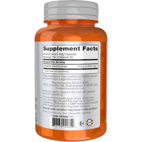 Tabla nutricional del suplemento NOW Sports Creatina Monohidrato 750 mg 240 cápsulas