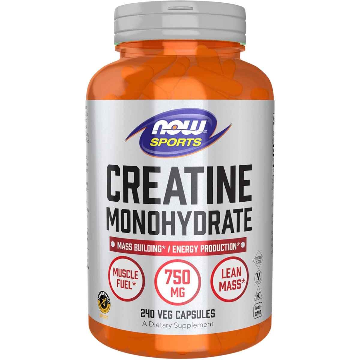 Frasco de suplemento NOW Sports Creatina Monohidrato 750 mg 240 cápsulas