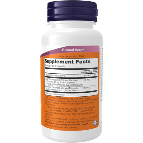 Tabla nutricional del suplemento NOW UC-II Colágeno Tipo II No Desnaturalizado 10 mg 120 cápsulas