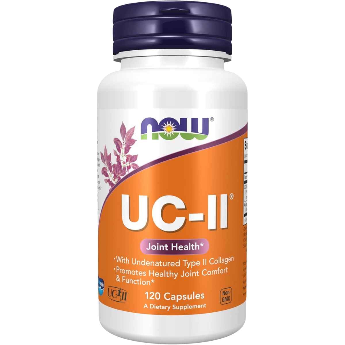 Frasco de suplemento NOW UC-II Colágeno Tipo II No Desnaturalizado 10 mg 120 cápsulas