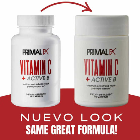 Nueva presentación de PrimalFX Vitamina C + Activo B 850 mg - Diseño renovado con 60 cápsulas para energía e inmunidad.