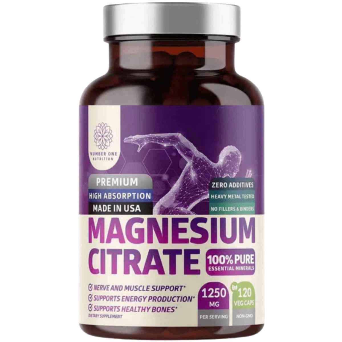 Suplemento Number One Nutrition Magnesium Citrate en cápsulas vegetales, frasco con 120 cápsulas