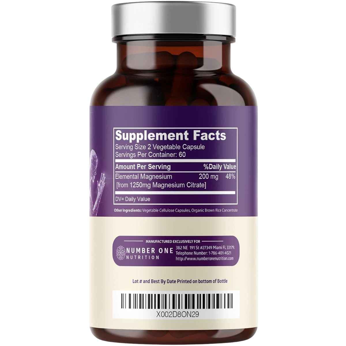 Tabla nutricional del suplemento Number One Nutrition Magnesium Citrate, 120 cápsulas