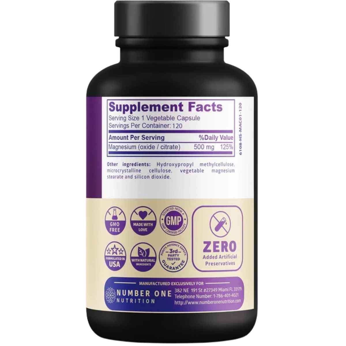 Tabla nutricional del suplemento Number One Nutrition Complejo de Magnesio (Óxido y Citrato) 500 mg - 120 Cápsulas Vegetales