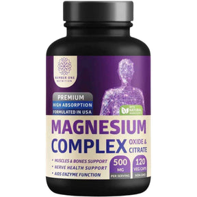 Frasco de suplemento Number One Nutrition Complejo de Magnesio (Óxido y Citrato) 500 mg - 120 Cápsulas Vegetales