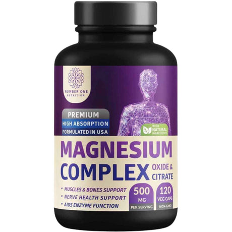Frasco de suplemento Number One Nutrition Complejo de Magnesio (Óxido y Citrato) 500 mg - 120 Cápsulas Vegetales
