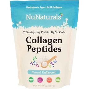 Bolsa de suplemento NuNaturals Péptidos de Colágeno Hidrolizado Tipos I & III Sin Sabor 14 oz