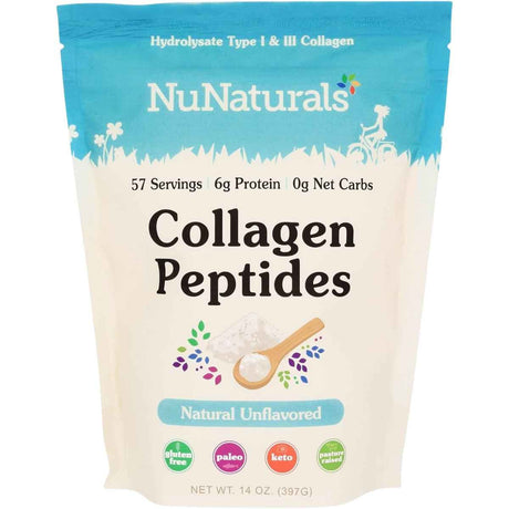 Bolsa de suplemento NuNaturals Péptidos de Colágeno Hidrolizado Tipos I & III Sin Sabor 14 oz