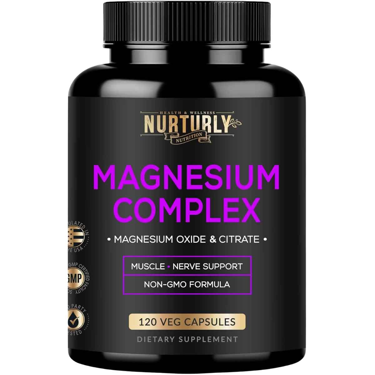 Frasco de suplemento Nurturly Nutrition Complejo de Magnesio 120 cápsulas