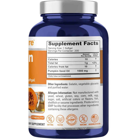 Tabla nutricional del suplemento NusaPure Aceite de Semilla de Calabaza 200 cápsulas blandas