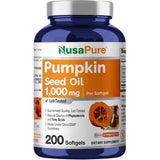 Frasco de suplemento NusaPure Aceite de Semilla de Calabaza 200 cápsulas blandas