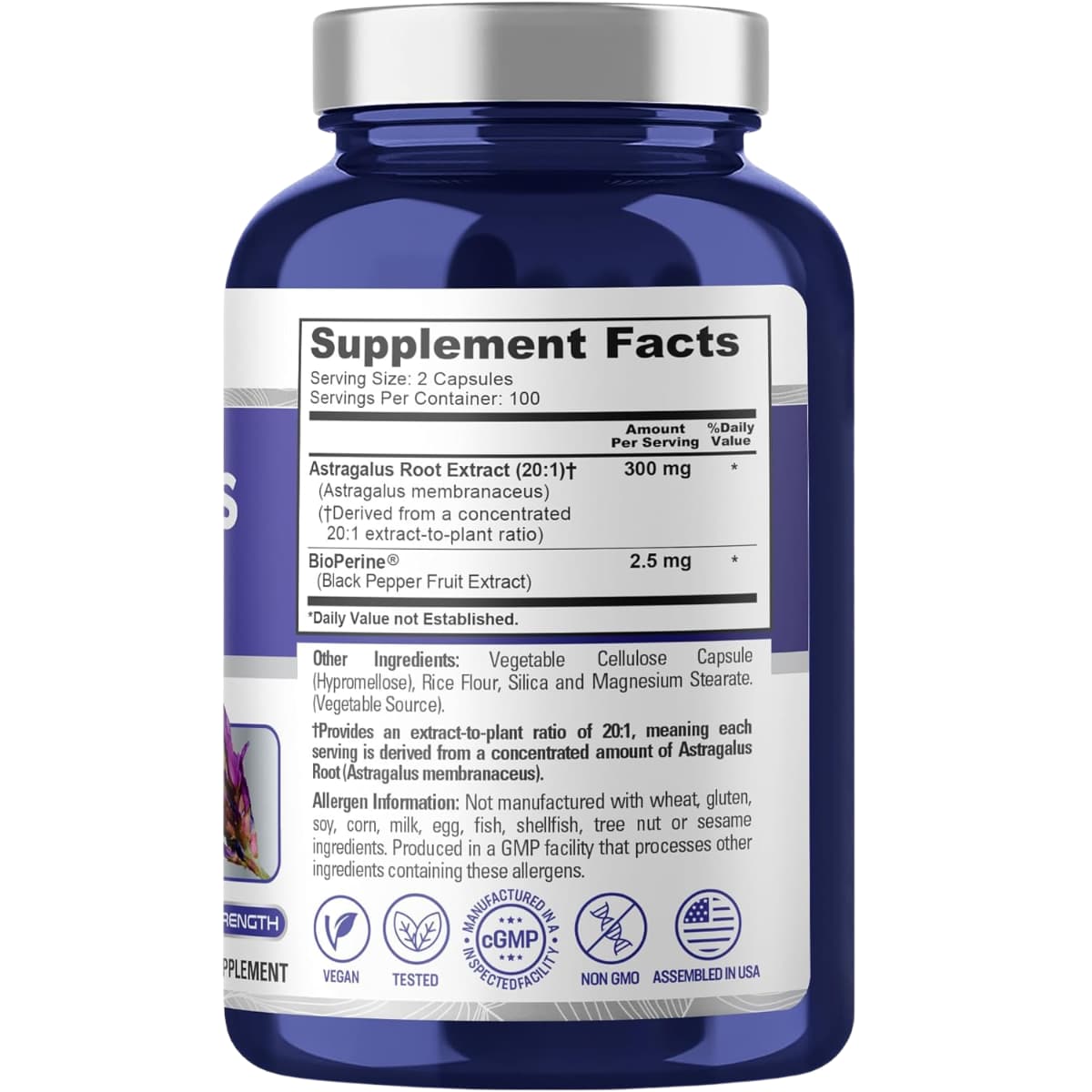 Tabla nutricional del suplemento NusaPure Astrágalo 300 mg 200 cápsulas