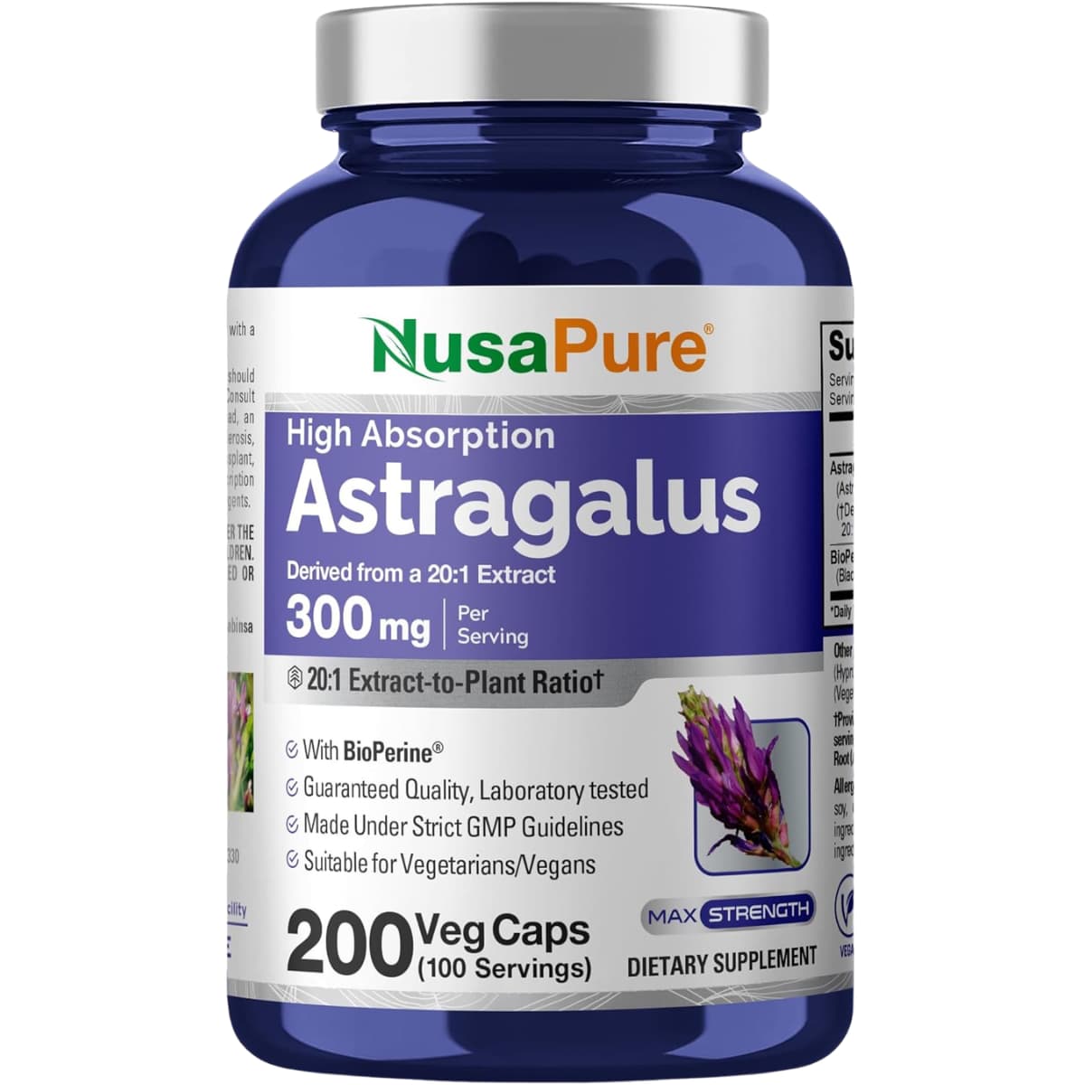Frasco de suplemento NusaPure Astrágalo 300 mg 200 cápsulas