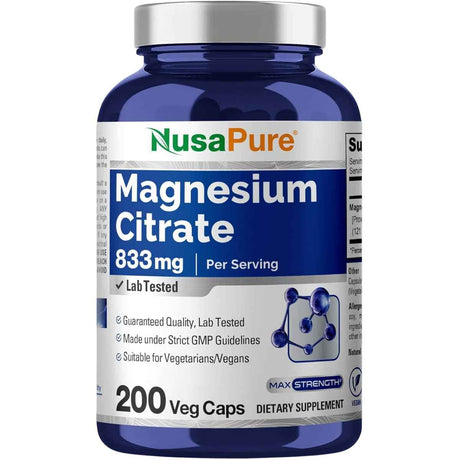 Frasco de suplemento NusaPure Citrato de Magnesio 833 mg 200 Cápsulas Vegetales