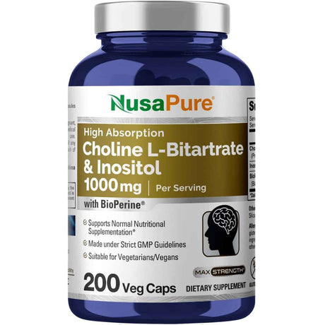 Frasco de NusaPure Colina e Inositol con extracto de pimienta negra BioPerine 1,000 mg y 200 cápsulas veganas