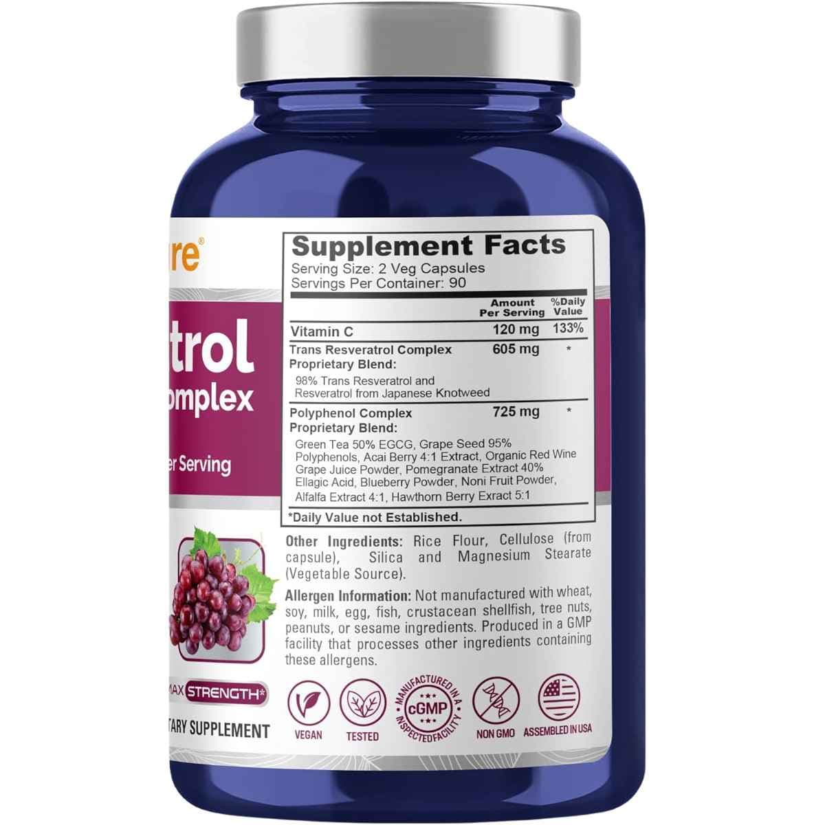 Tabla nutricional del suplemento NusaPure Complejo de Resveratrol y Polifenoles 180 cápsulas vegetales